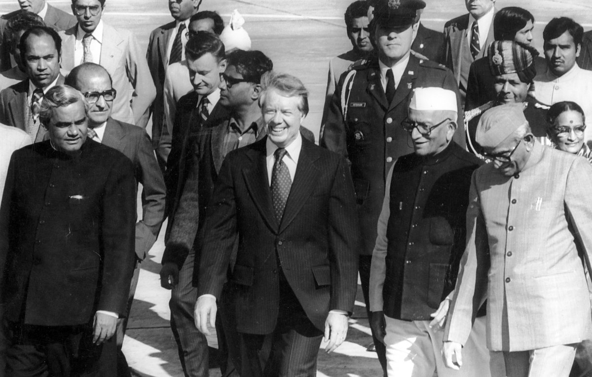 Then Minister of External Affairs, A.B. Vajpayee, President Carter, Indian Prime Minister Desai, and President Reddy in India in 1978
