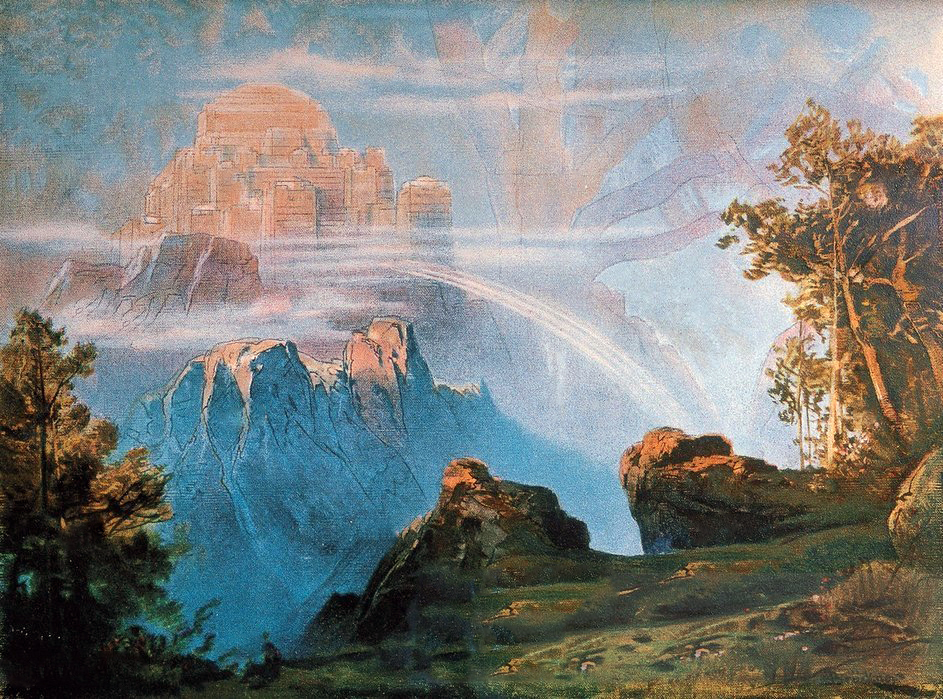 Max Brückner’s 1896 painting Valhalla hows the great hall located in Asgard. The branches of Yggdrasil, the world tree, can be seen in the background