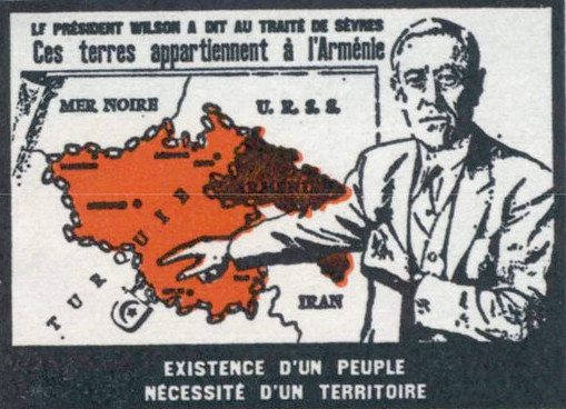 French postage stamp commemorating the unratified boundary configuration of the First Republic of Armenia as outlined by U.S. President Woodrow Wilson in the 1920 Sèvres Treaty.