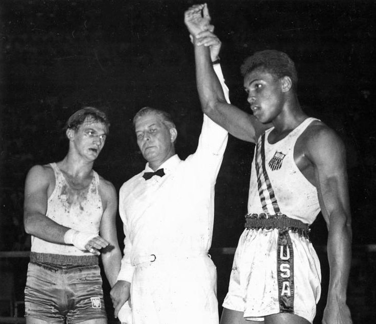 Zbigniew Pietrzykowski (left) and Muhammad Ali (right) at the Rome Olympics in 1960