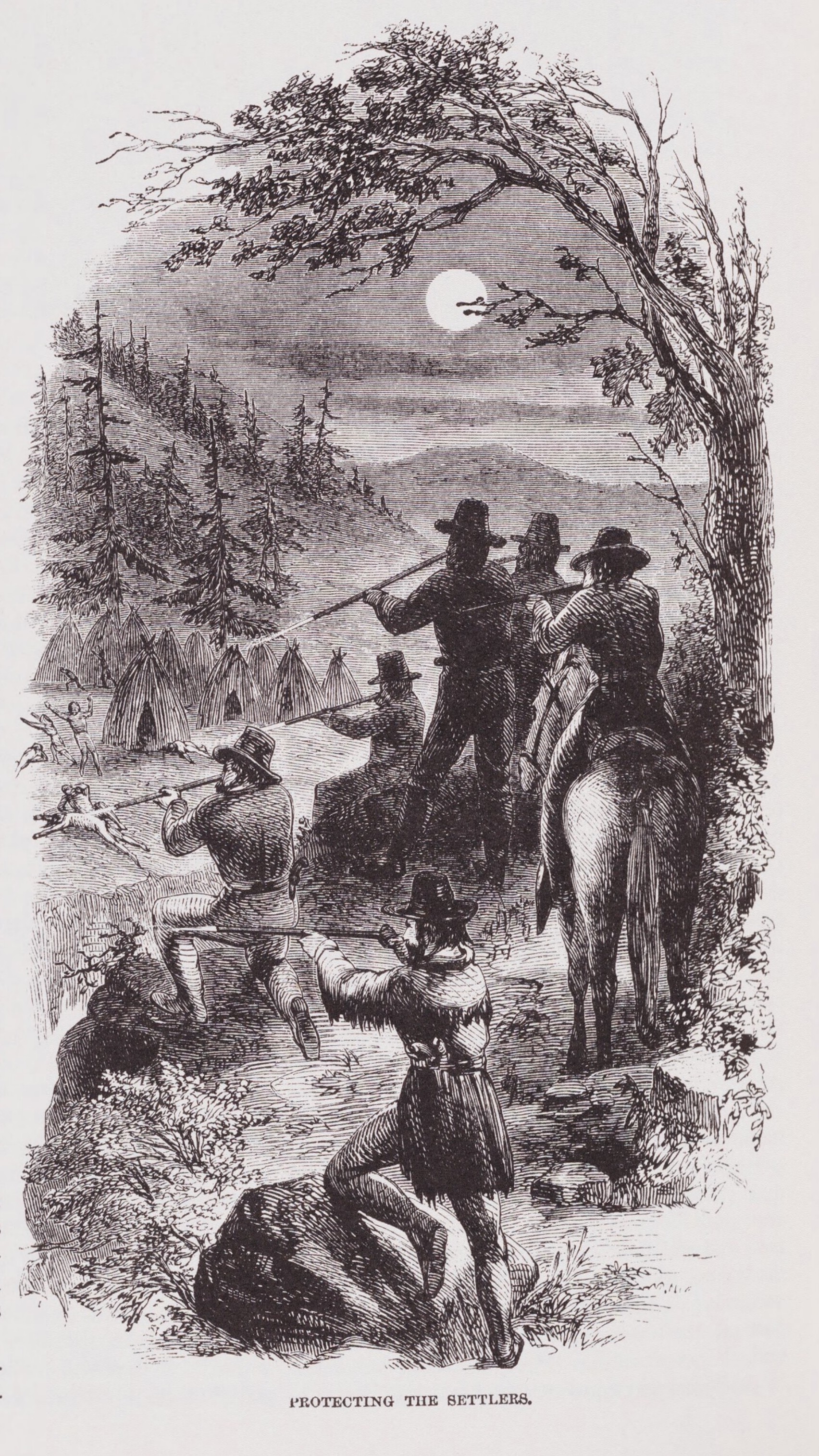 This illustration portrays militia men massacring Native Americans in California.