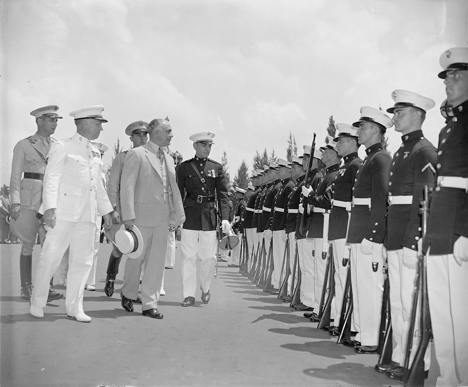 Rafael L. Trujillo inspects the Marine Honor Guard shortly after his arrival at Union Station in Washington D.C. on July 6, 1939.