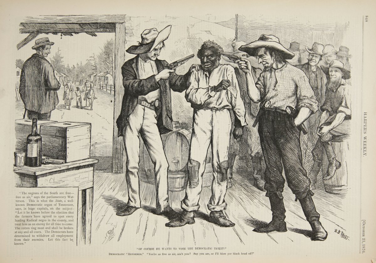 An 1876 cartoon depicting intimidation of an African American voter.
