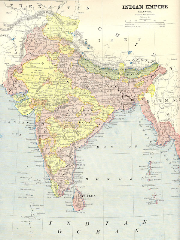 George F. Cram 1885 map of India during British Raj