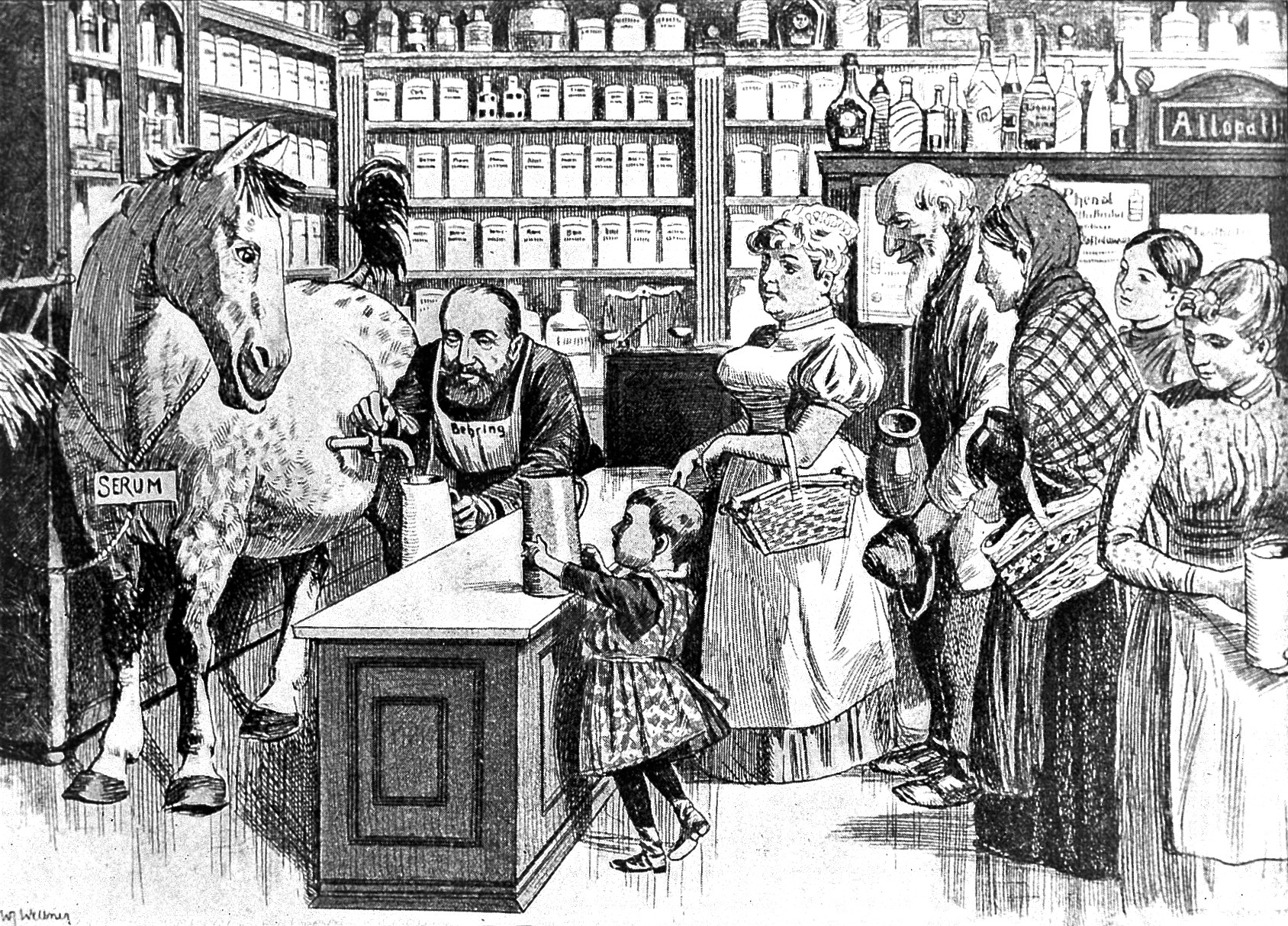 German caricature illustrating von Behring’s late 19th century experiment with diphtheria toxin and horses.