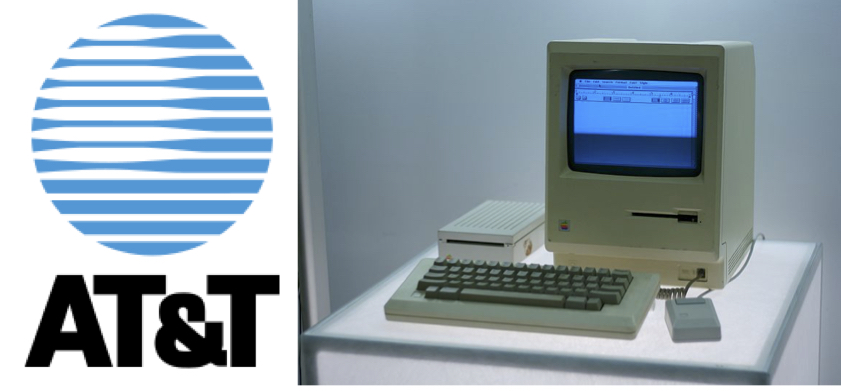 On the left, the logo for the American Telephone and Telegraph Corporation from 1983-1996. On the right, Apple’s Macintosh computer.
