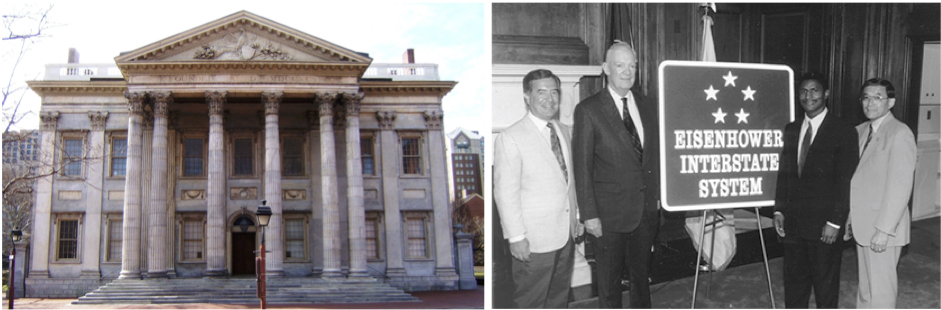 On the left, the First Bank of the United States, which was chartered in 1791. On the right, the 1993 unveiling of the road sign for the Dwight D. Eisenhower National System of Interstate and Defense Highways.