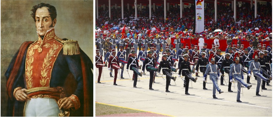 On the left, Simón Bolívar. On the right, a 2014 military parade to commemorate President Hugo Chávez’s death in 2013.