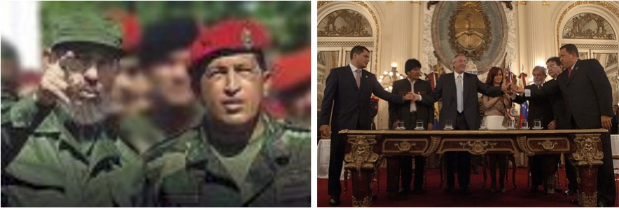 On the left, President Hugo Chávez with Fidel Castro. On the right, the Presidents of Ecuador, Bolivia, Argentina, Brazil, Paraguay, and Venezuela signing an agreement in 2007.