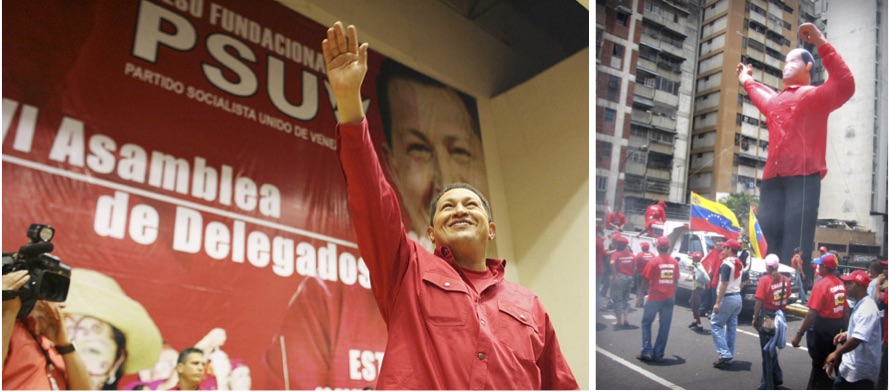On the left, President Hugo Chávez at a meeting of the Partido Socialista Unido de Venezuela in 2008. On the right, a 2007 rally to celebrate the fifth anniversary of President Hugo Chávez surviving the 2002 coup attempt.
