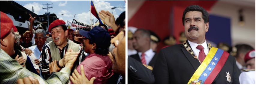 On the left, President Hugo Chávez greeting supporters. On the right, President Nicolás Maduro, Chávez’s handpicked successor, wearing the presidential sash in 2015.