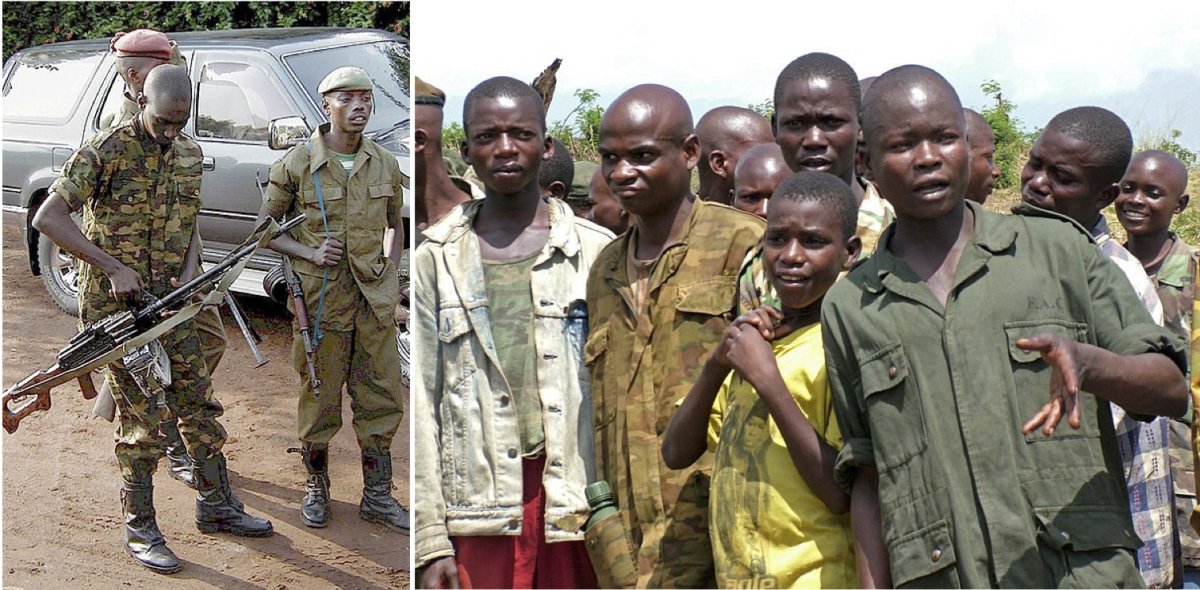 On the left, Congolese soldiers in 2001 during U.S. Congressman Frank Wolf’s visit. On the right, former child soldiers in Congo in the early 2000s.