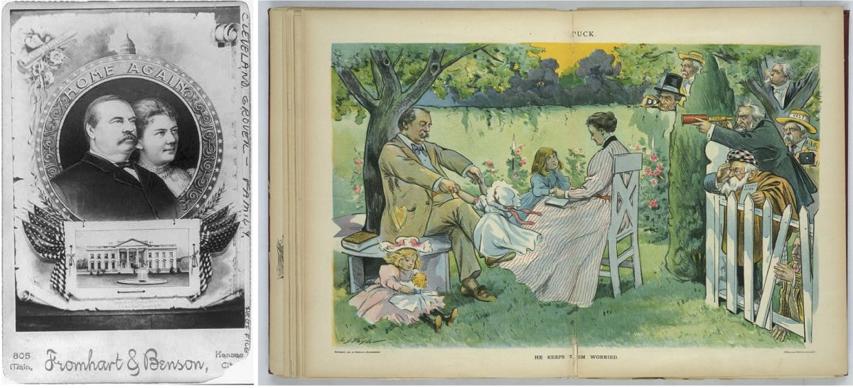 On the left, an 1893 portrait of President Cleveland and his wife above the White House. On the right, a print showing President Cleveland and his wife playing with their children in their backyard while reporters watch.