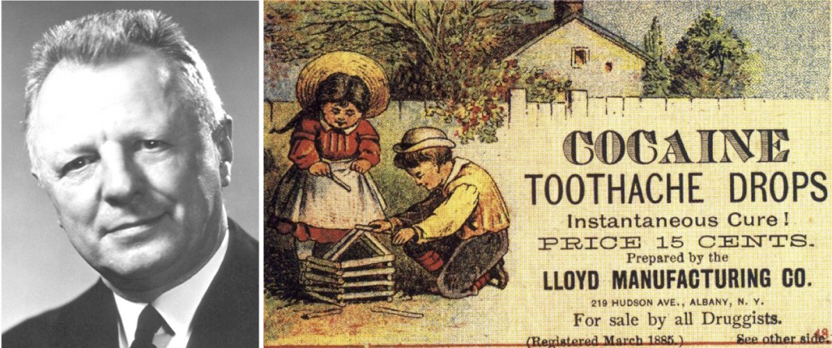 On the left, Dr. Trendley H. Dean in the 1950s. On the right, an 1885 advertisement for cocaine for dental pain in children