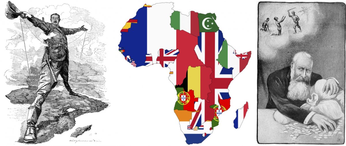 On the left, an 1892 caricature of Cecil Rhodes. In the middle, a 1939 map of Africa with flags representing the colonial claims. On the right, a 1905 caricature of Belgian King Leopold II.