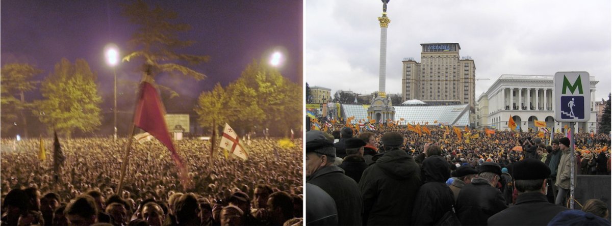 On the left, demonstrators in Tbilisi, Georgia during the Rose Revolution. On the right, the first day of Ukraine’s Orange Revolution in 2004.