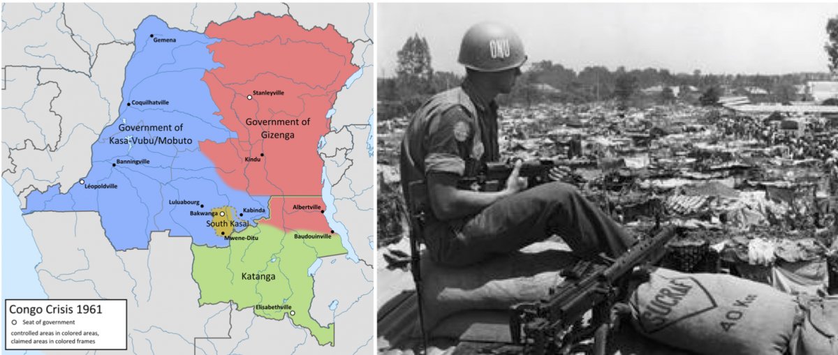On the left, a 1961 map of the factions in the Congo. On the right, a Swedish UN soldier in the Congo in the 1960s.