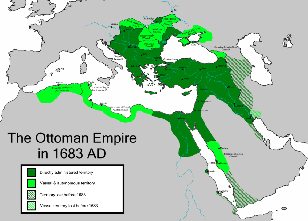 The Ottoman Empire at its greatest extent in Europe, under Sultan Mehmed IV, 1683.