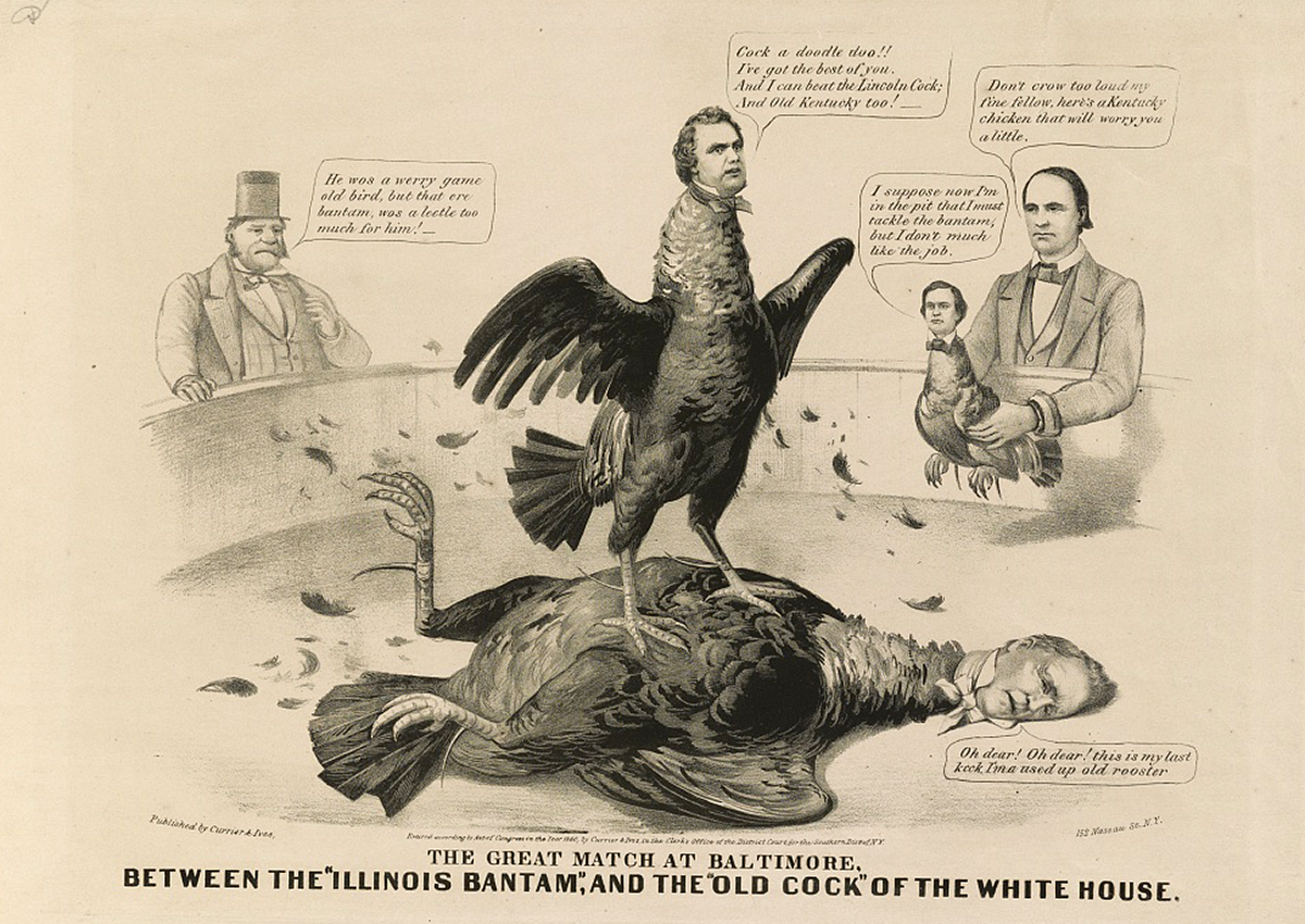 An 1860 political cartoon portraying the Democratic Convention in Baltimore as a cockfight.