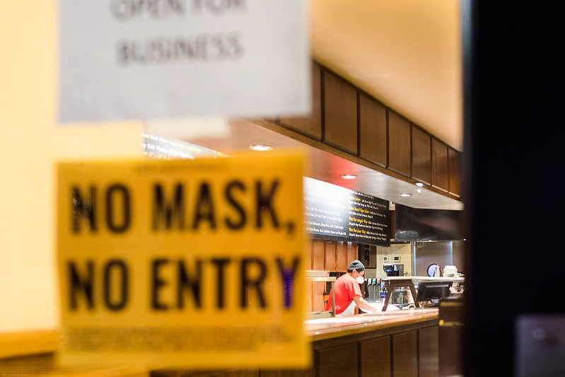 A view into a pizza shop during the coronavirus pandemic.