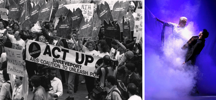 On the left, the AIDS Coalition To Unleash Power (ACT UP). On the right, a scene from Tony Kushner's Angels in America.