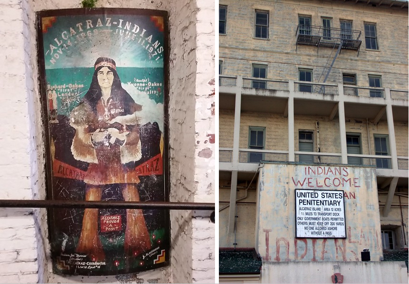 On the left, A mural commemorating the Occupation of Alcatraz which lasted from 1969-1971. On the right, Graffiti on the Alcatraz sign dating from the occupation by the Indians of All Tribes protest group