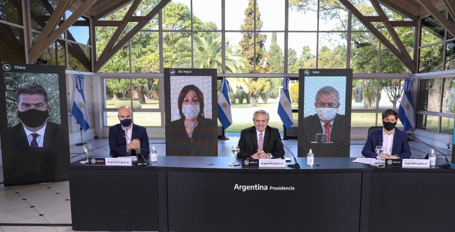 The President of Argentina, Alberto Fernandez (center) addresses the nation about COVID-19.