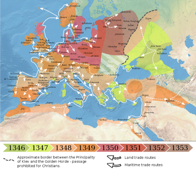 The Black Death's path across Europe between 1346 and 1353