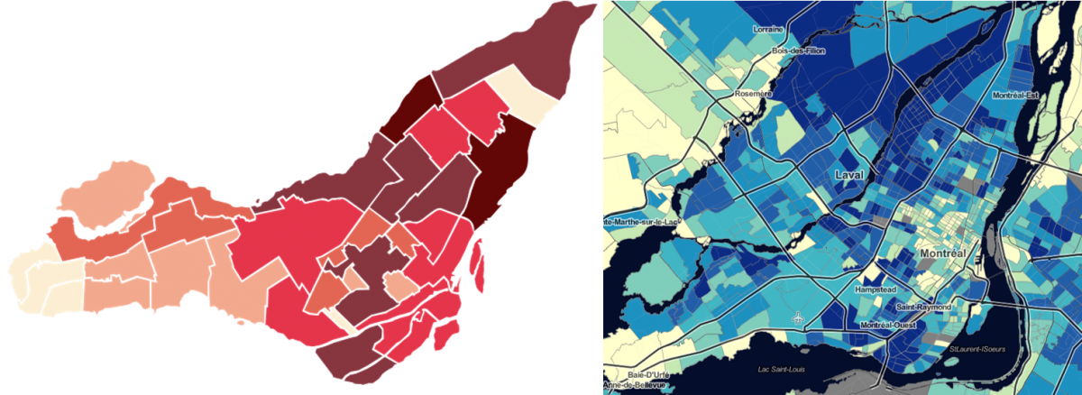 On the left, the density of COVID-19 cases in Montreal as of May 24, 2020. On the right, the concentration of Black residents in Montreal as of 2016.