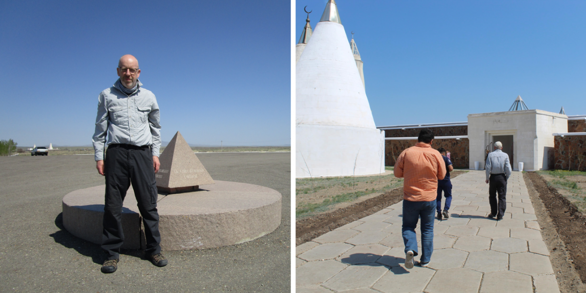 On the left, David at the Center of Eurasia. On the right, Aidyn, Ulan, and David approaching the Abai Mausoleum.
