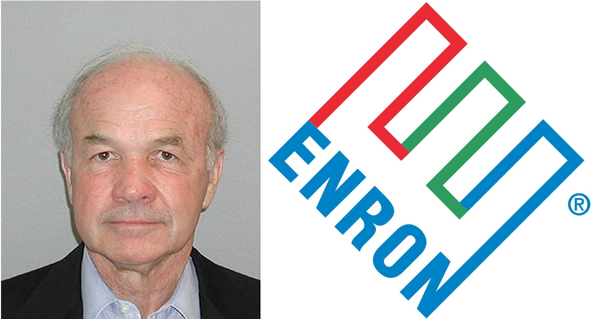 On the left, Ken Lay in his 2004 mugshot. On the right, the logo of Enron.