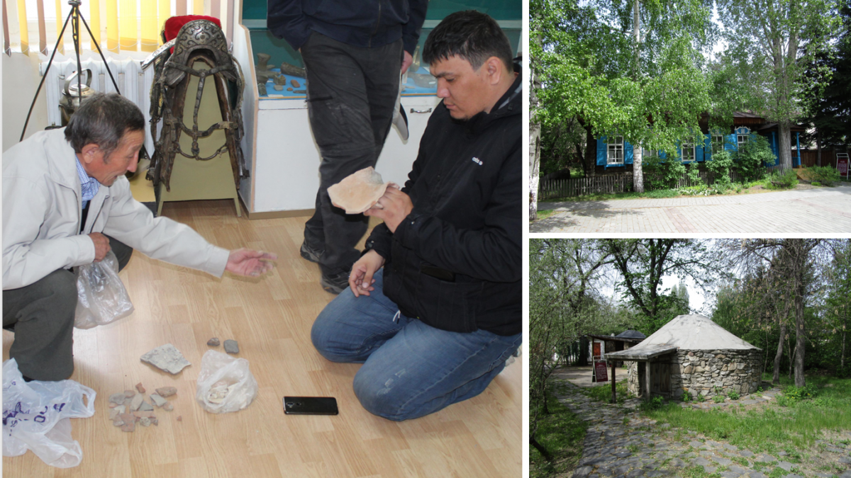 On the left, Aidyn and local historian examine artefacts in Zaisan museum. On the top right, Russian house at Ust' Kamenogorsk ethnographic museum. On the bottom right, Kazakh stone house at Ust' Kamenogorsk ethnographic museum.