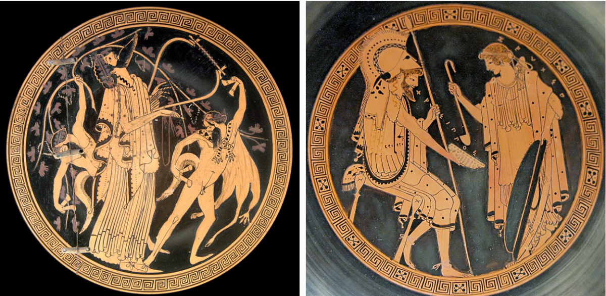On the left, Dionysus and satyrs depicted on the interior of a cup, ca. 480 BCE. On the right, a depiction of Chrysippos, the illegitimate son of Pelops and the nymph Axioche, and Zeuxo, a water nymph and the daughter of Oceanus, ca. 490 BCE
