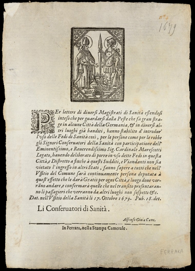 A small poster or leaflet from Ferrara, dated 17 October 1679.