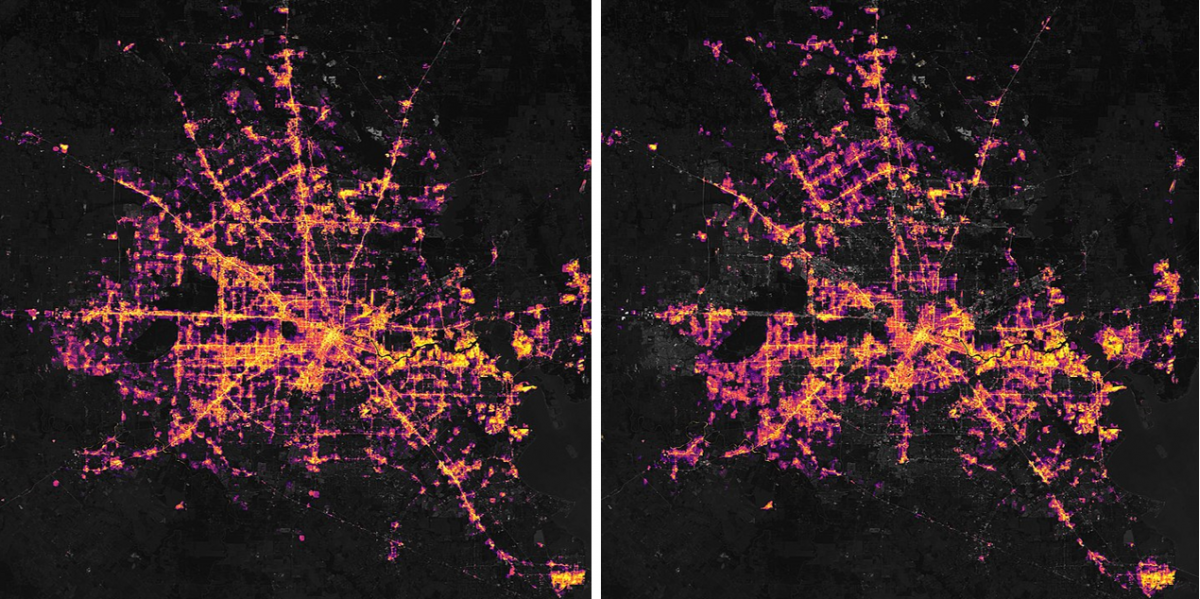 On the left, a satellite image of Houston, Texas on February 7 before the winter storm. On the right, a satellite image of Houston, Texas on Feb 16 after the storm.