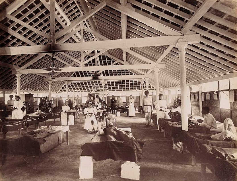 Interior of a temporary hospital for plague victims in Bombay, 1896-1897