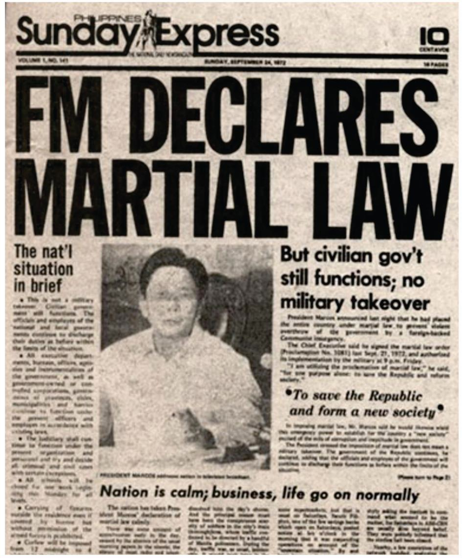 The Sunday Express headline from September 24, 1972 shortly after Marcos declared martial law