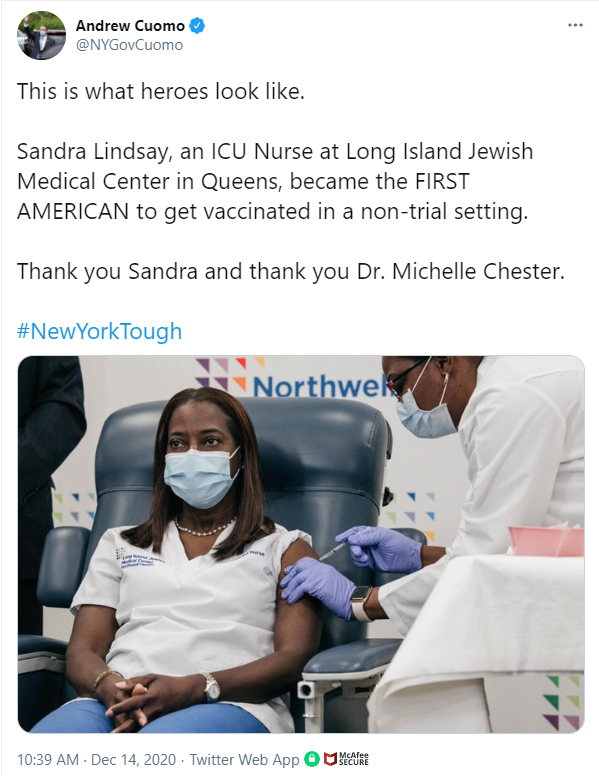 A tweet from New York Governor Andrew Cuomo heralding Sandra Lindsay for receiving a COVID-19 vaccine.
