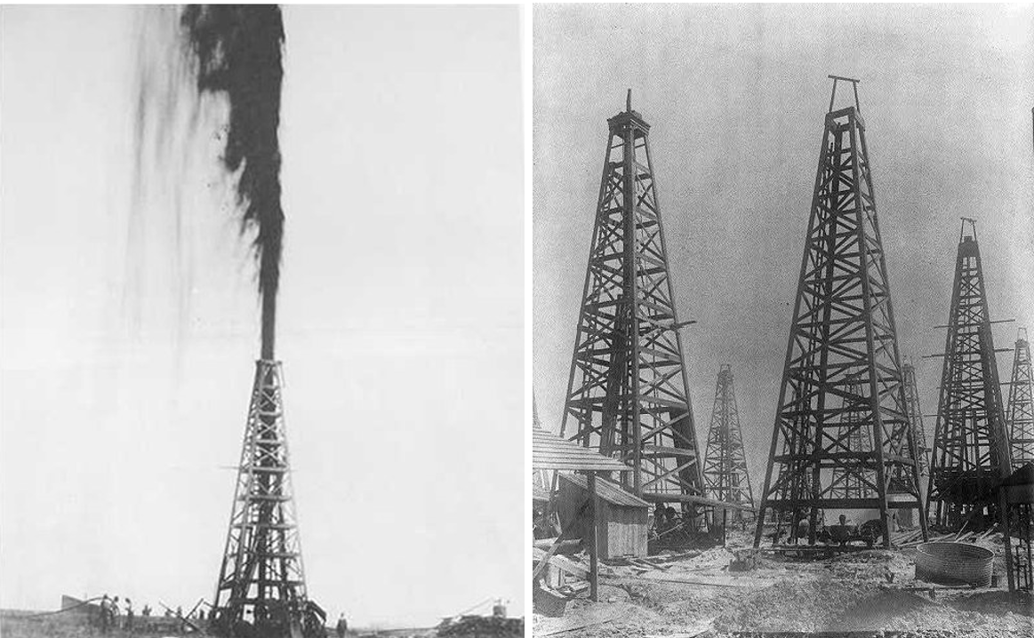 On the left, the Lucas Gusher at Spindletop Hill in Texas. On the right, oil well field near Port Arthur, Texas.