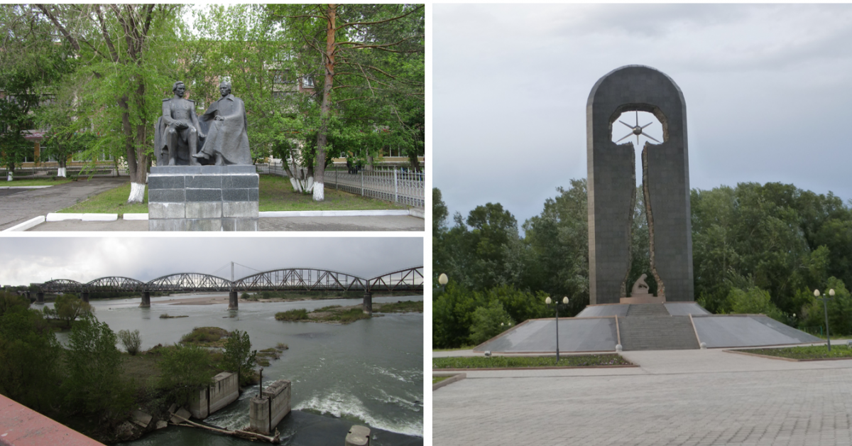On the top left, statue of Dostoevskii and Walikhanov outside Dostoevskii museum. On the bottom left, Turk-Sib Bridge. On the right, monument to victims of nuclear weapons testing.