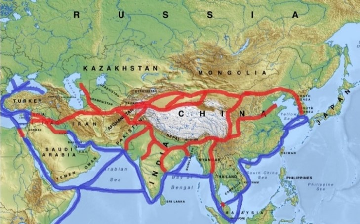 Medieval Eurasian Trade Routes, with the red lines indicating land-based trade networks and the blue indicating ocean-based routes. (Map courtesy of the author)
