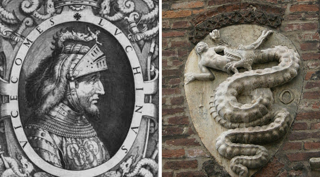 On the left, Luchino Visconti depicted in an eighteenth-century engraving. On the right, the coat of arms of the House of Visconti displayed on the Archbishop's Palace in Milan.