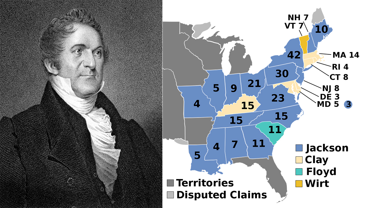 On the left, William Wirt. On the right, a map of the results of the presidential election of 1832.