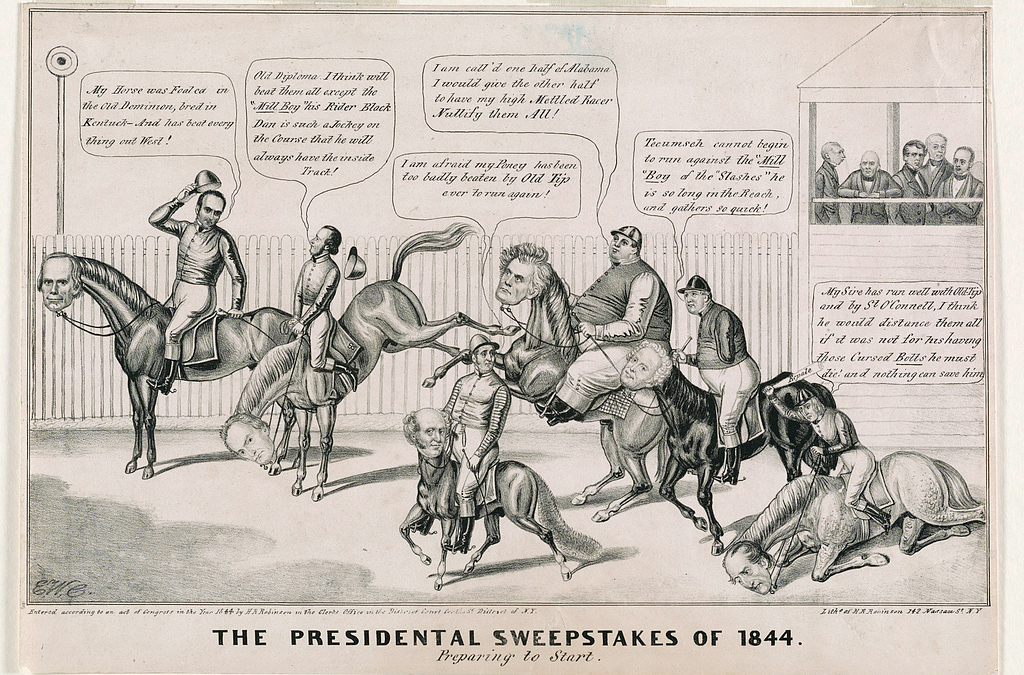 A political cartoon depicting the 1844 election as a horse race.