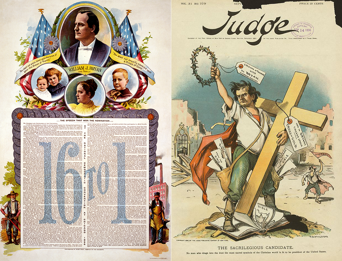 On the left, an 1896 campaign poster for William Jennings Bryan. On the right, the September 14th, 1896 cover of Judge Magazine.