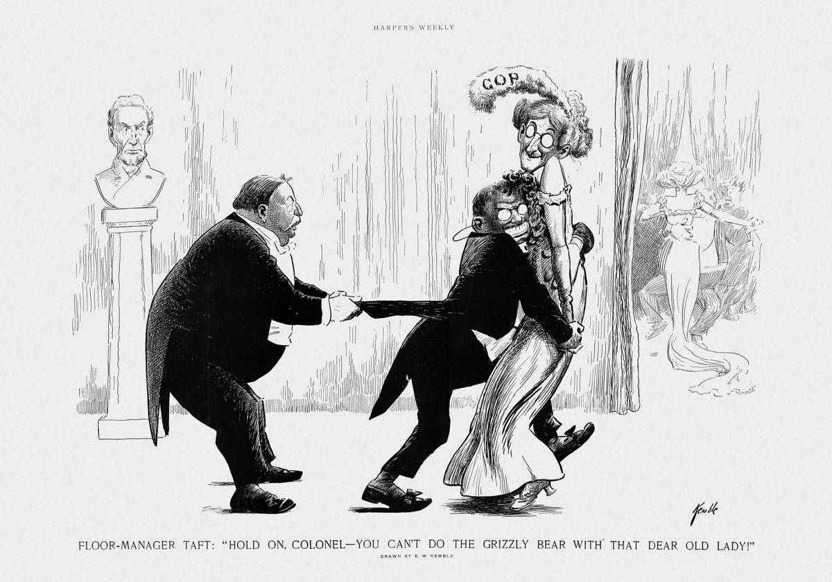 A February 1912 Harper's Weekly cartoon depicting former President Theodore Roosevelt dancing with Miss G.O.P.