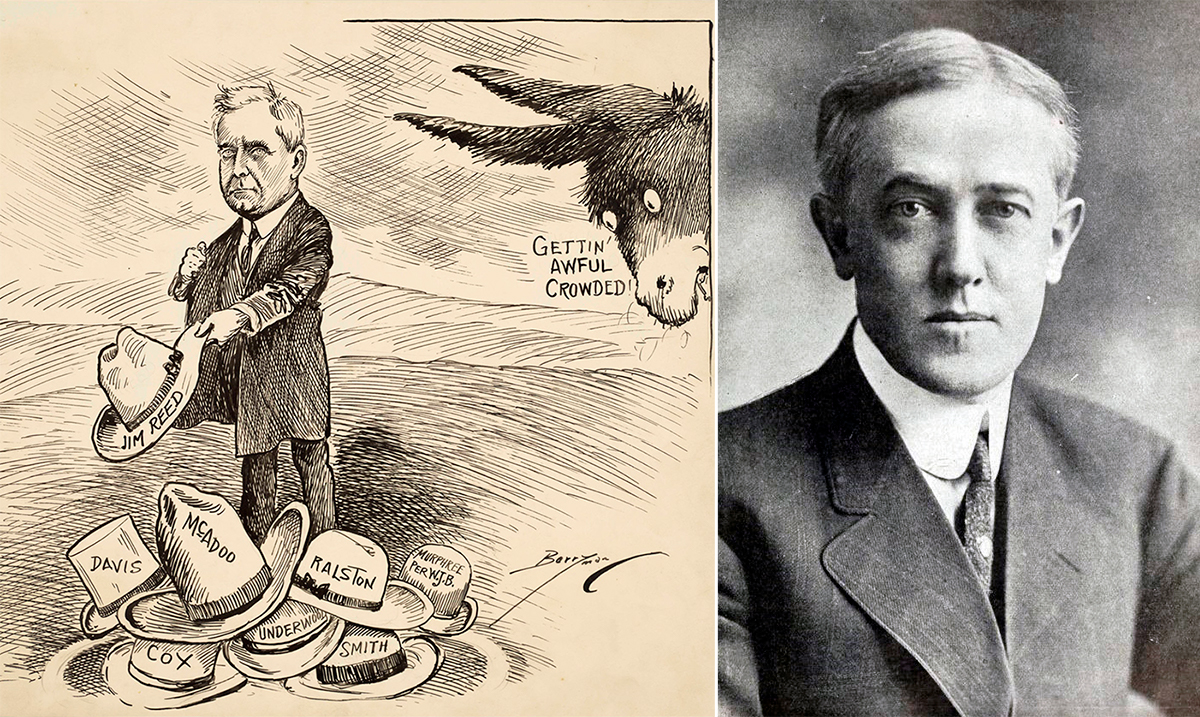 On the left, a 1924 political cartoon showing another Democratic Presidential candidate 'throwing his hat in the ring.' On the right, John W. Davis.