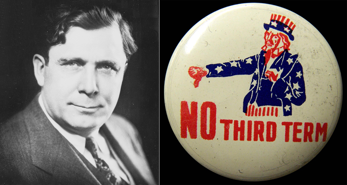 On the left, Wendell Willkie. On the right, a 1940 campaign button opposing President Franklin D. Roosevelt's third term.