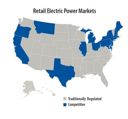 A map of the United States showing where the energy market is deregulated as of 2020 in blue.