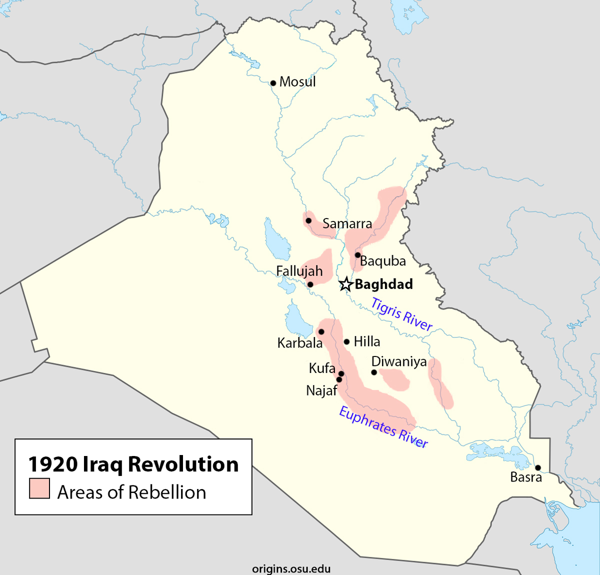 Map of Iraq showing major areas of rebellion in 1920.